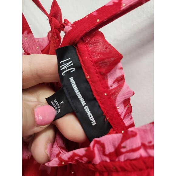 INC International Concepts Womens Top Large Red Floral Chiffon BOHO Bell Sleeve - Picture 7 of 10